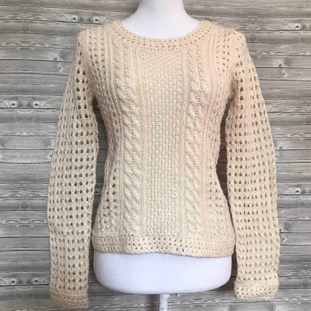 Lucky Brand cream open knit cable knit wool blend button back sweater size XS
